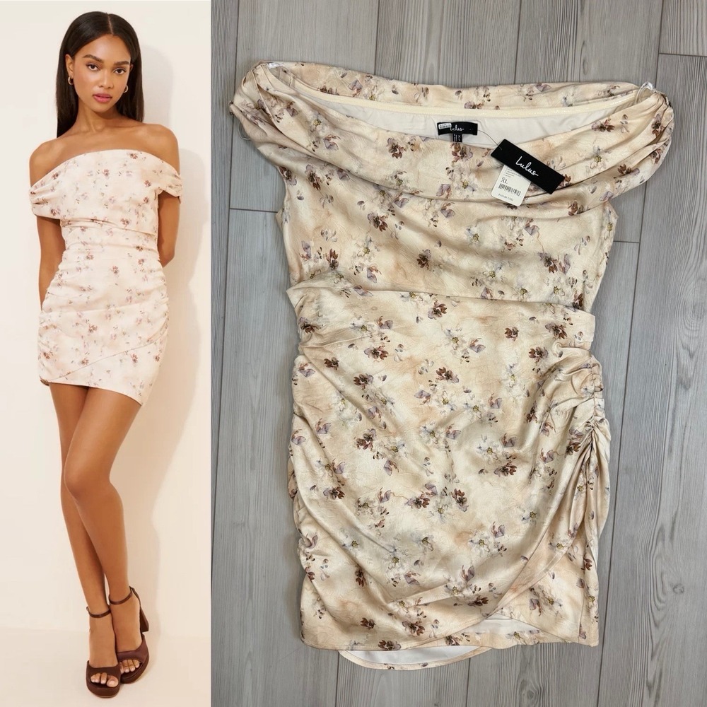 NWT Lulus XL Patrizia Draped Satin Mini Dress Neutral Floral Print